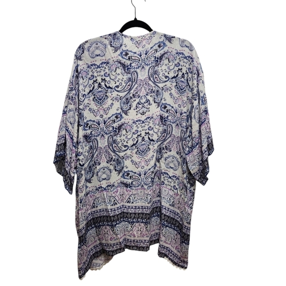 DR Dylan Ryan Purple Blue Floral Paisley Open Front Lace Trim Kimono Size L - Picture 3 of 6